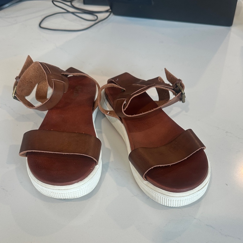 MIA Brown Leather Ankle-Strap Platform Sandals with White Sole